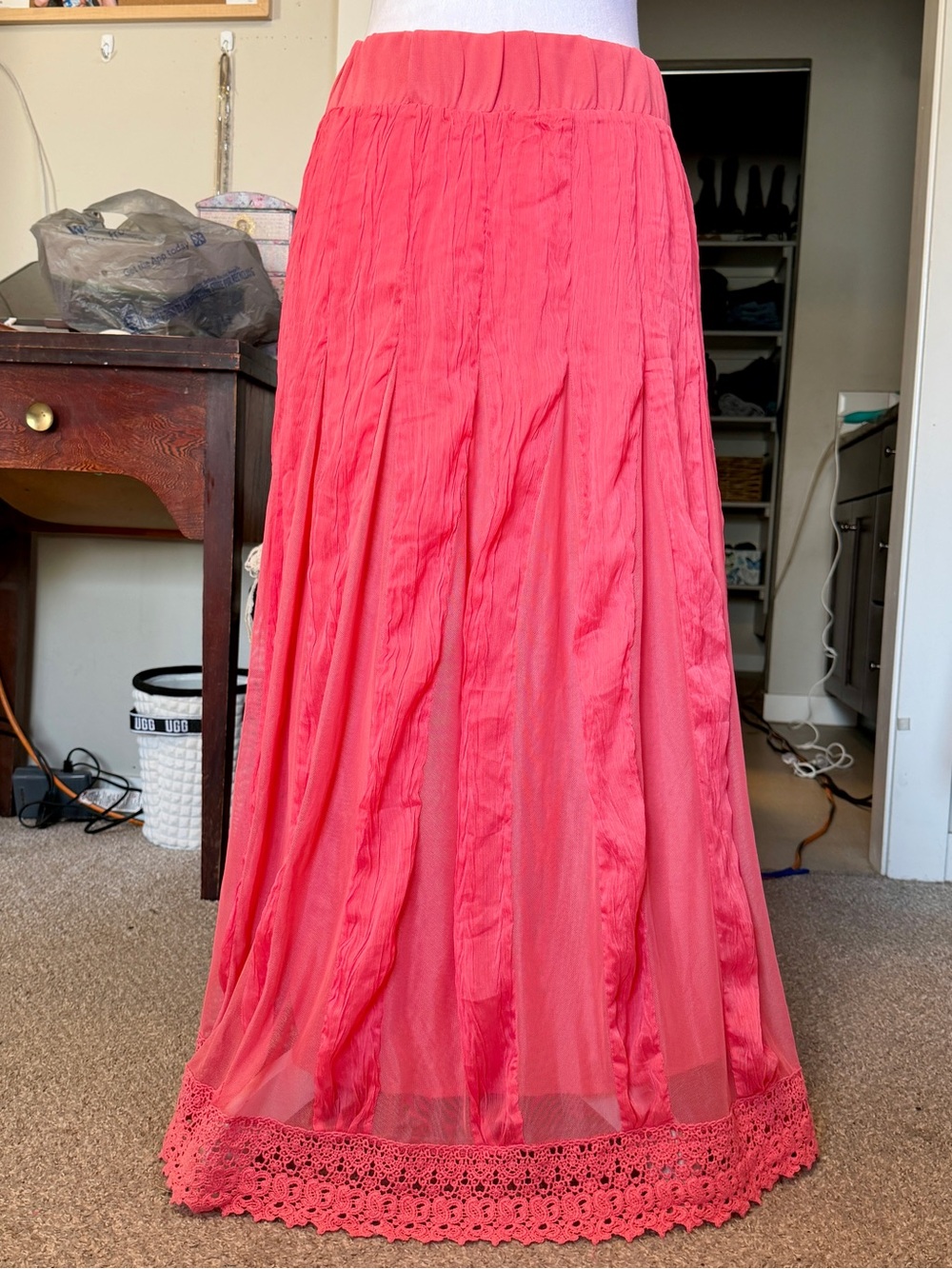 VTG CIRANA Coral Pink Maxi Skirt with Crochet Hem & Sheer Stripes Design